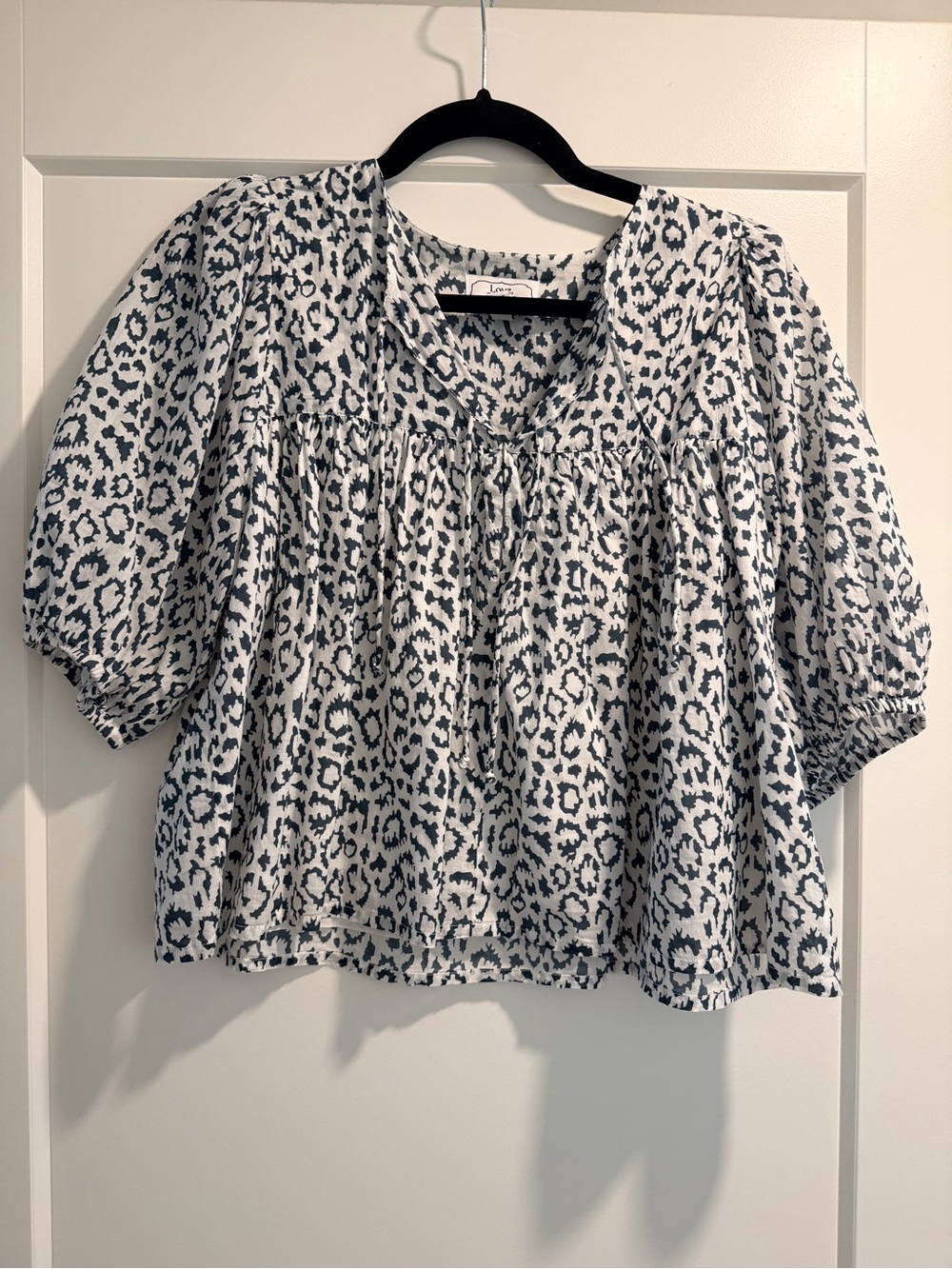 Emerson Fry White and Black Leopard Print Puff Sleeve Blouse